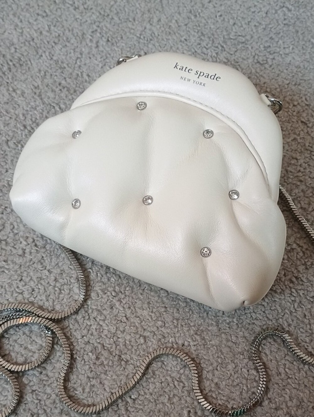 kate spade Cloud 9 White Quilted Crystal Accent Crossbody with Silver Chain